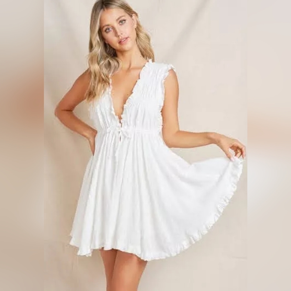 NWT, 100% Cotton White Mini Swing Dress Ruffle, Gameday,  Sorority